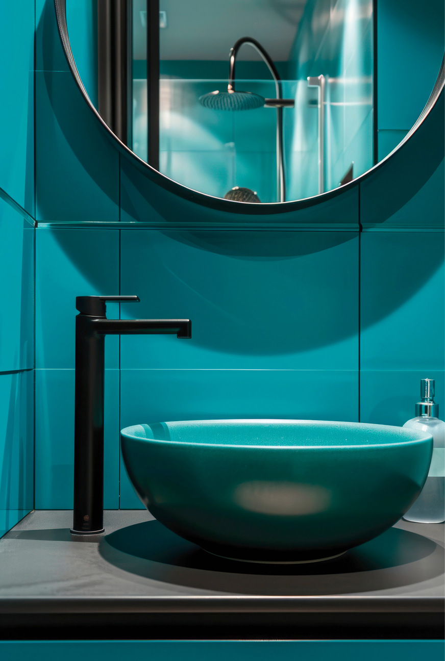 „Colour Drenching“ heißt ein neuer Trend, der aus dem englischsprachigen Raum zu uns ­herüberschwappt. Dabei wird quasi alles in eine Farbe „getaucht“: Wände, Möbel und manchmal sogar das Waschbecken selbst. Wenn ein Kunde so mutig ist, bevorzugt er oder sie wahrscheinlich auch Alternativen gegenüber Chrom für die Armaturen.