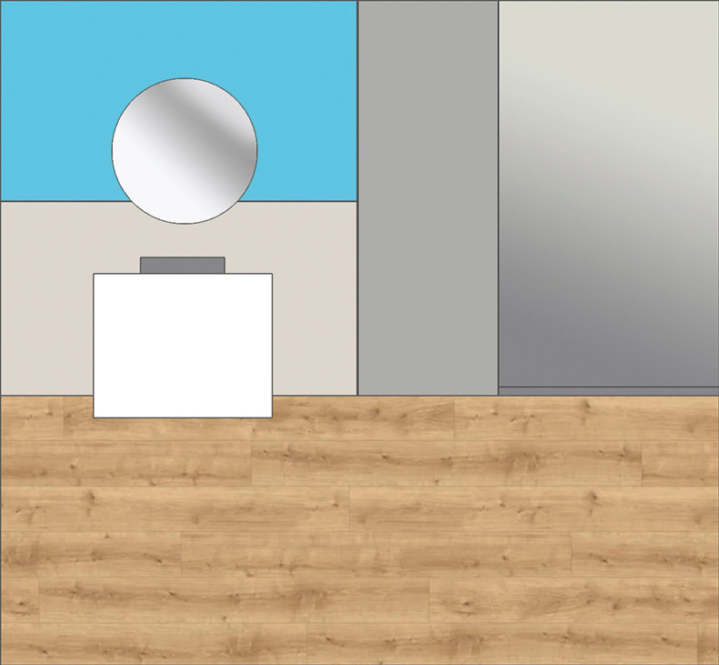 Immer eine gute, einfache Lösung: große Flächen farblich neutral halten, dazu Feinsteinzeug in Holzoptik als Bodenbelag und eine Komplemen­tärfarbe als Anstrich bzw. Blickfang für eine ­kleine Fläche, z. B. hinter dem Spiegel. Dazu passt eine graue Waschschale.