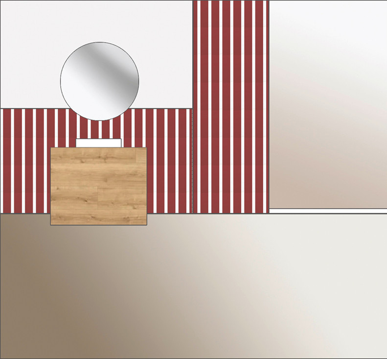 Vor- und rückspringende Wandelemente können für besondere Gestaltungselemente genutzt werden, sei es für badtaugliche Tapeten, grafische Fliesen oder den Anstrich in der Lieblingsfarbe des Auftraggebers. Alle weiteren Flächen sollten sich dem unterordnen, während Möbel in Eicheoptik Natur ins Bad bringen.