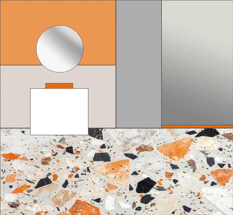 Gibt es eine spezielle Farbe im dauerhaften Bodenbelag, kann man diese exakt bemustern und als&nbsp;Akzent auf der Wand einsetzen. Noch Mutigere entscheiden sich für die gleiche Farbfamilie im Bereich von Waschbecken und Duschtasse, z. B. möglich aus emailliertem Titanstahl. Dazu gern schwarze Armaturen.