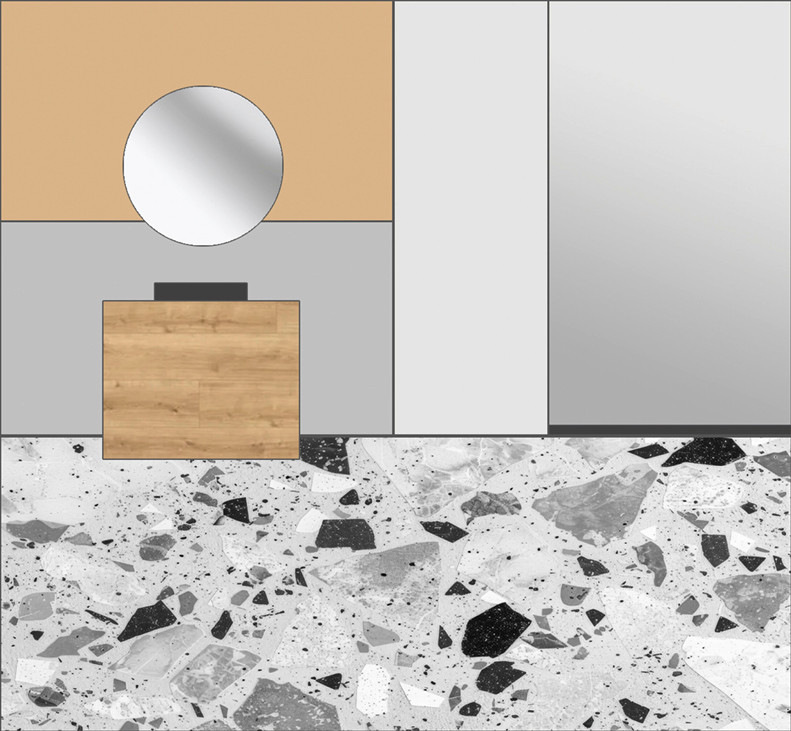 Auch wenn es sich um ­einen&nbsp;eher zurückhaltenden ­Gesamtfarbklang handelt, treten der auffällige Ter­raz­zo und der Waschtisch mit ­seiner Holzmaserung hier in&nbsp;„Muster-Konkurrenz“. ­Vorsicht: Migräne­gefahr! Von uns gibt es dafür wenig Likes und keine Empfehlung!