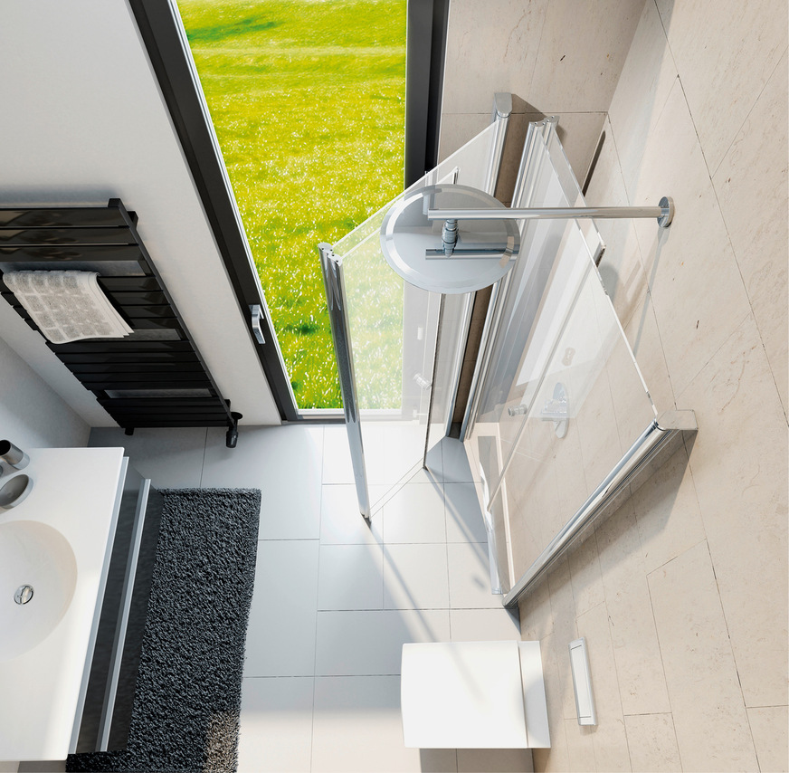 Mit der „Exklusiv Fensterlösung“ wird die Dusche vor dem Fenster installiert. Die Kabine lässt sich bei Nichtgebrauch einfach an die Wand klappen. Dadurch kann das Fenster normal geöffnet und der frei gewordene Duschbereich als zusätzliche Bewegungsfläche genutzt werden.