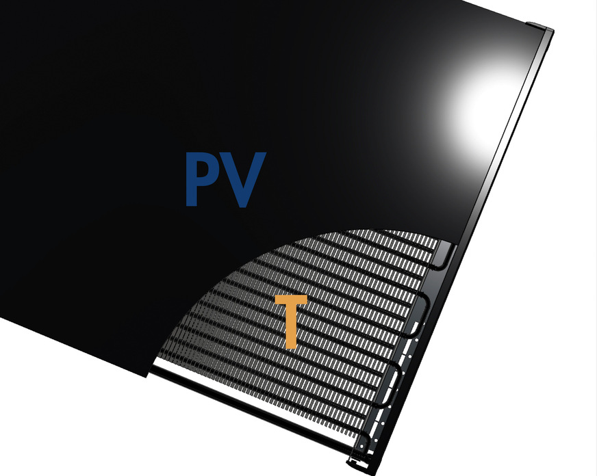 Der PVT Luft-Sole-Kollektor SOLINK mit großer Wärmeübertragerfläche auf der Rückseite eignet sich durch die kombinierte Nutzung von Solar­strahlung und Luft als alleinige lautlose Wärmequelle einer Geo-Wärmepumpe.
