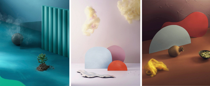 Außer den reinen Farbkombinationen gibt es atmosphärische Darstellungen pro Thema, die schnell und einfach als Inspiration für die Inneneinrichtung zu nutzen sind. Hier sind die Themen Wasser, Luft und Erde als Leitmotive ablesbar.