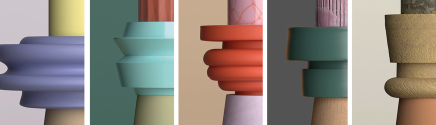 Farbige Details deuten geschickt an, wie einzelne Kombinationen aus der Gesamtpalette im Bereich Möbel oder Produktdesign trendorientiert einsetzbar sind.