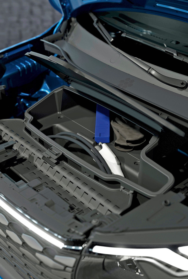 Der E-Antrieb bringt Raumgewinn unter der Motorhaube: Für den Ford Courier bietet sich dort ein Staufach als Stammplatz fürs Ladekabel.