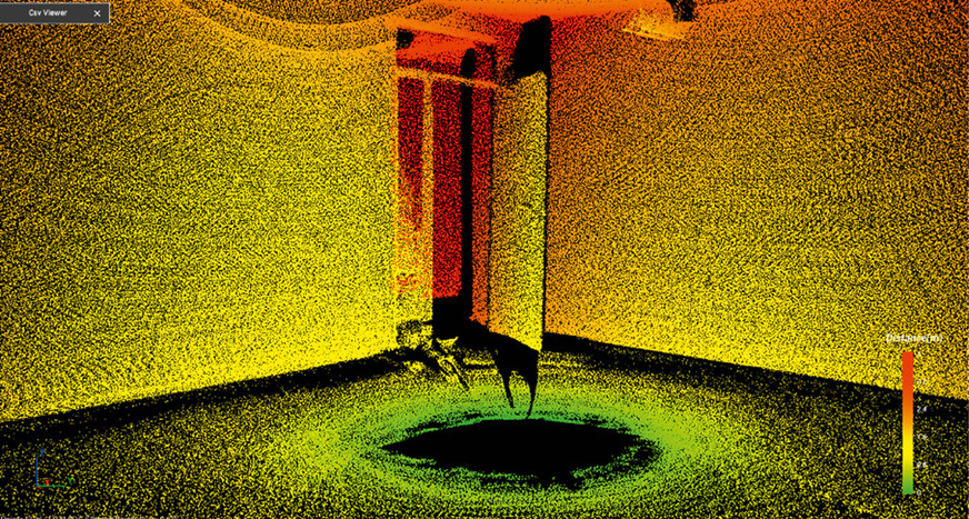 Die sogenannte Punktwolke zeigt die beispielhafte Lasermessung eines Eingangs. Mit diesem Lasermesssystem kann auch die Umgebung des Duschkabinenbereichs genaustens erfasst werden.