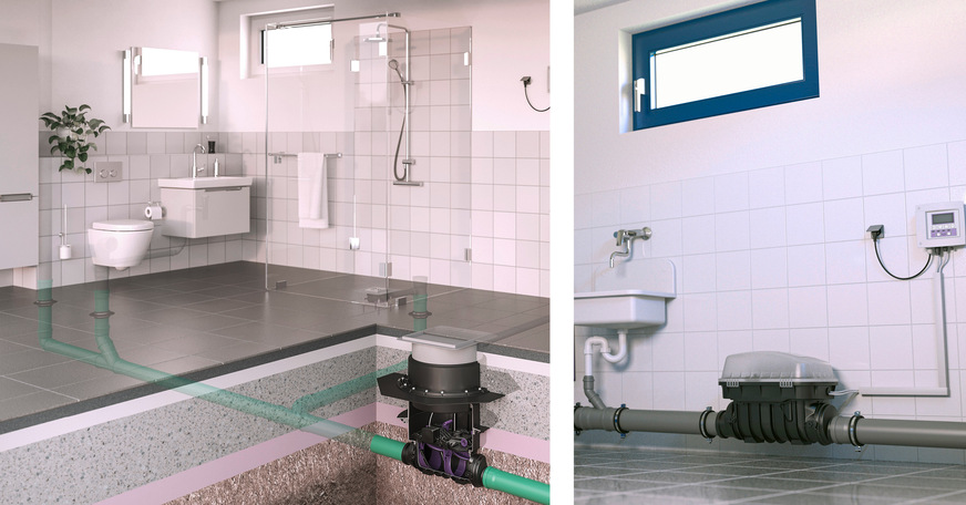 Die richtige Rückstauschutzlösung am richtigen Ort: Hebeanlagen werden im Neubau meist in einem Technikraum im Keller frei aufgestellt oder in die Bodenplatte verbaut (Bild links). Rückstauverschlüsse können auch in WU-Beton oder in eine freiliegende Abwasserleitung (Bild rechts) eingebaut werden.