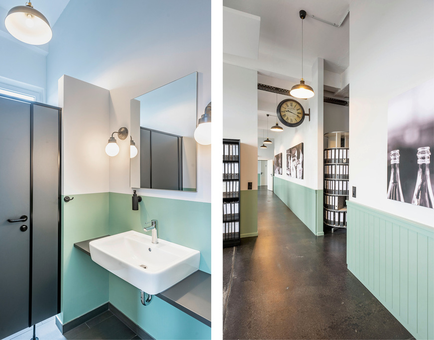 Für die „GR² GmbH“, einen Zulieferer der Glasindustrie, wurde eine alte, entkernte Fabrikhalle zu einer Bürofläche mit ­angeschlossenem Lager ausgebaut. Bei diesem Projekt ging es darum, den Charme des alten Industriegebäudes auch in den Innenräumen wieder aufleben zu lassen. So wurden in der neuen Gestaltung historische Bauelemente (Türen und Fenster) in neuen Trockenbauwänden mit einem umlaufenden Sockel in Patinagrün kombiniert. Schwarz ­lackiertes ­Metall bei Leuchten, Kabelkanälen und Möbeln kontrastiert mit weißen Wänden. Für die Beleuchtung im Bad ­wurden die gleichen historisch anmutenden Metallpendelleuchten wie in der Bürofläche verwendet und um historisierende ­Wandleuchten ergänzt. Das grüne Sockelpaneel aus den Büroräumen setzt sich im WC als Farbe fort und ist dort – in Lack ausgeführt – gleichzeitig Spritzschutz.