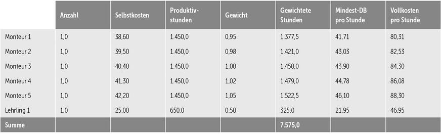 Tabelle 6: Unterstellt man, dass der Stundenlohn die Leistungsfähigkeit der Mitarbeiter widerspiegelt, könnte man die Vollkostensätze dementsprechend gewichten.