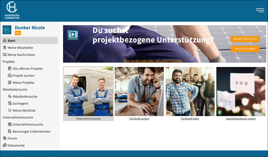 Mithilfe eines intelligenten Algorithmus bringt „Handwerk Connected“ Betriebe und Fachkräfte für gemeinsame Projekte zusammen – sei es zur Abfederung von Kapazitätsengpässen, zur Umsetzung großer Projekte oder zur gezielten Suche nach spezialisierten Fachkräften.