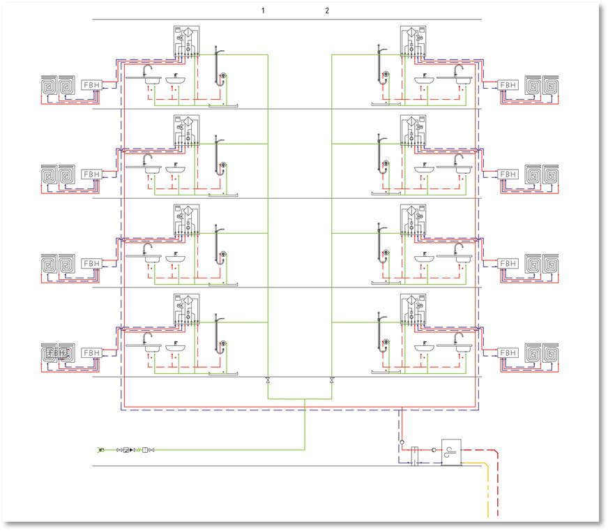 Im Standard 2 wird das Heizungswasser ganzjährig durchs Haus gefördert, um zu jedem Zeitpunkt die Trinkwassererwärmung zu ermöglichen.