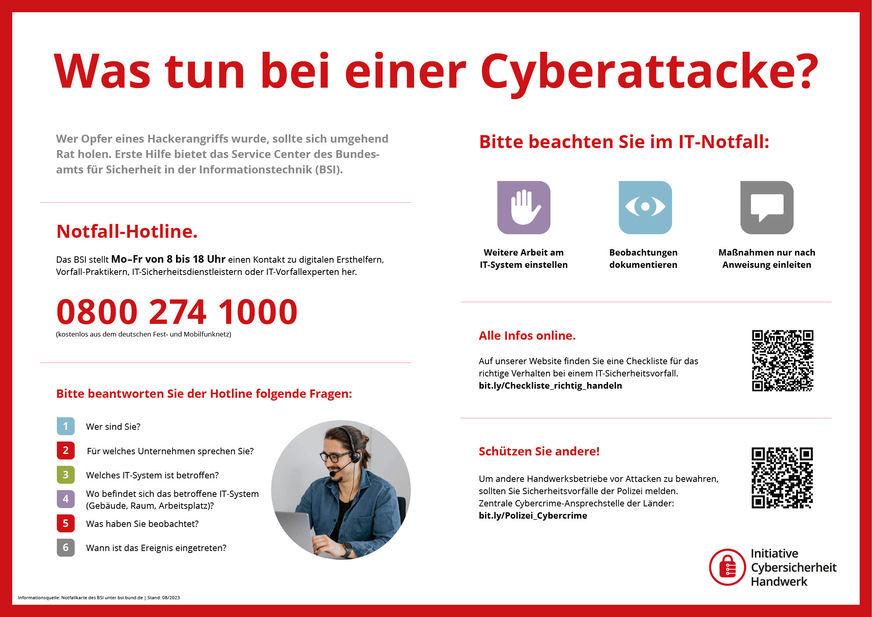 Mit einem unter www.handwerkdigital.de downloadbaren Aushang kann man Mitarbeitern wichtige Notfall-Verhaltensregeln vermitteln.