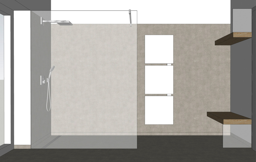 Im neuen Bad gibt es keine Wanne mehr, dafür aber eine Sitzbank mit einem Regal darüber. Hier können sich die ­Familienmitglieder zum Aus- oder Anziehen hinsetzen und ihre Kleidung ablegen. Da das ganze Haus mit Fußbodenheizung ausgestattet ist, verzichteten die Kunden auf einen Handtuchheizkörper.﻿