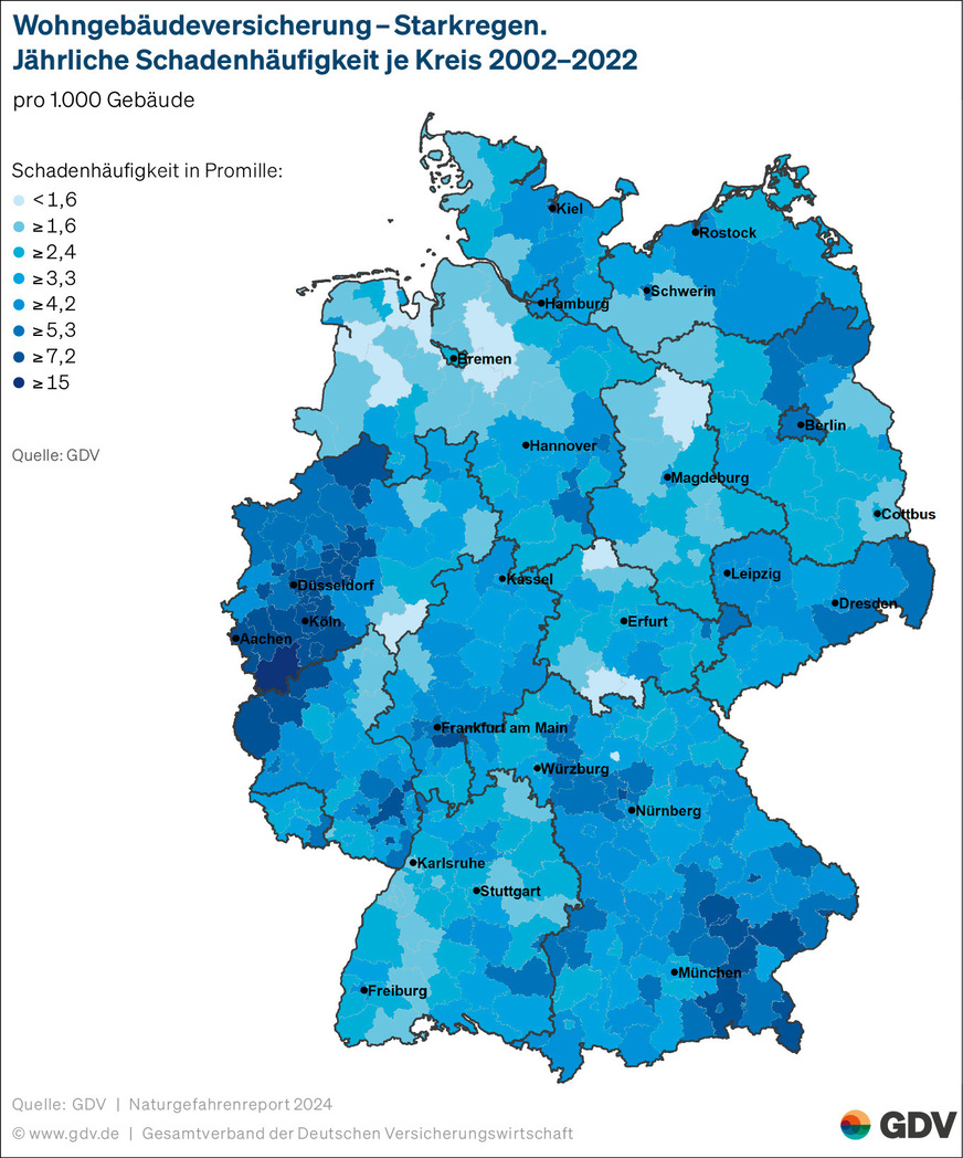 Starkregen kann jeden treffen. 2024 gingen etwas mehr als die Hälfte der ­gegen ­Wetterextreme versicherten Sachschäden auf Überflutungen und Stark­regen zurück.