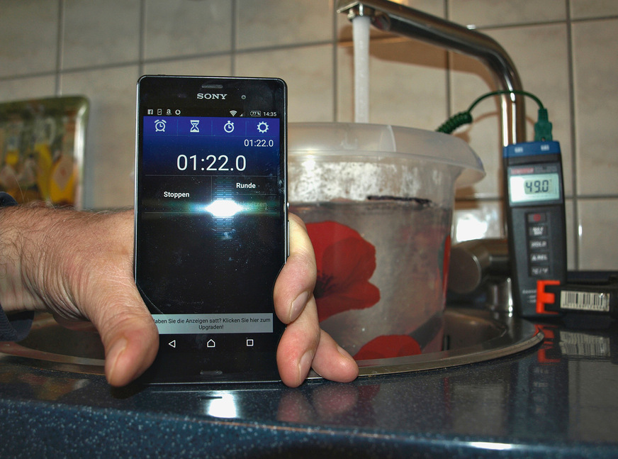 Der 10-Liter-Eimer war nach 1:22 gefüllt. Macht, bitteschön, rund 21&nbsp;kW.