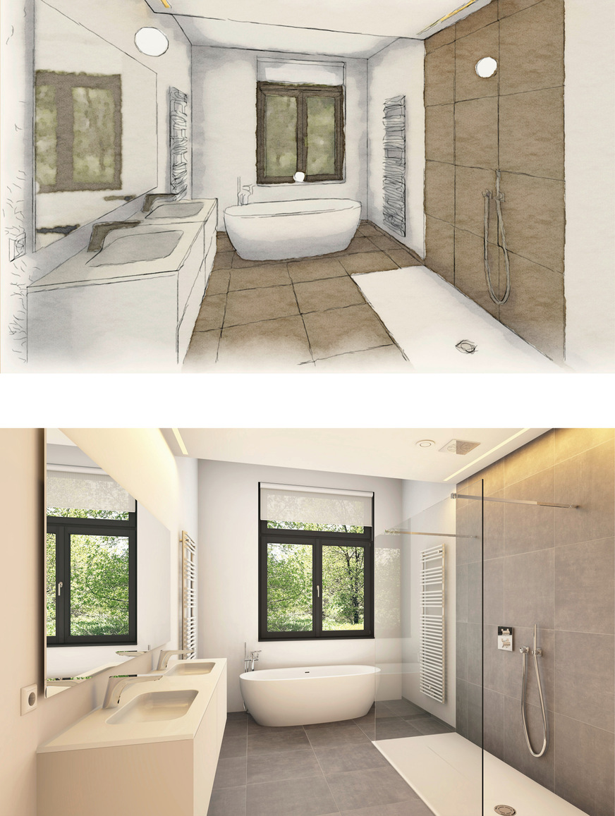 Verschiedene Möglichkeiten der 3D-Visualisierung unterstützen in Beratung und Verkauf. Zum Vergleich: oben Aquarelloptik, unten Fotorealistik.
