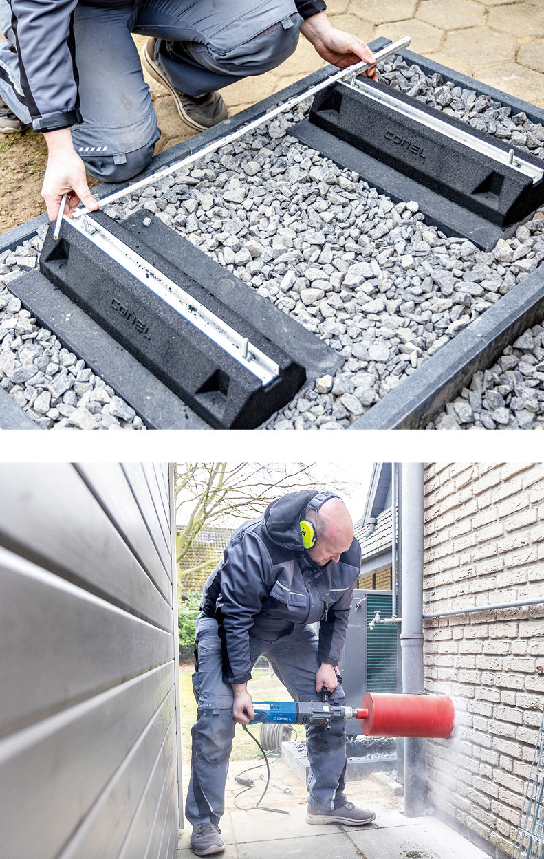 Vorb﻿ereitende Arbeiten: ­Kernbohrung (unten) und Fundament setzen. Das&nbsp;­Fundament besteht aus zwei&nbsp;Betonblock­stufen. In&nbsp;die&nbsp;­Mitte&nbsp;platzierte man ein&nbsp;KG-Rohr, über welches das anfallende Kondensat im&nbsp;Erdreich versickert.