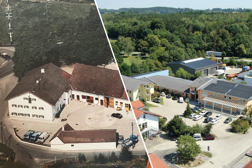 Seit 45 Jahren entwickelt Meltem Lüftungslösungen für Wohnungen, Hotels, Büros und öffentliche Gebäude. Die rechte Abbildung zeigt die Firmengebäude in Alling, links ist der Gründungsstandort in Gilching zu sehen.