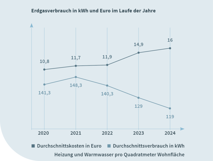 Durchschnittlicher Verbrauch und Kosten bei Erdgas als Heizmedium in den vergangenen 5&nbsp;Jahren.