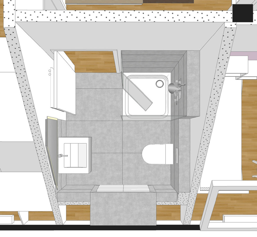 Im Bad mit etwa 4,5 m² Größe ist alles kompakt untergebracht, ohne zu viel Raum einzunehmen.