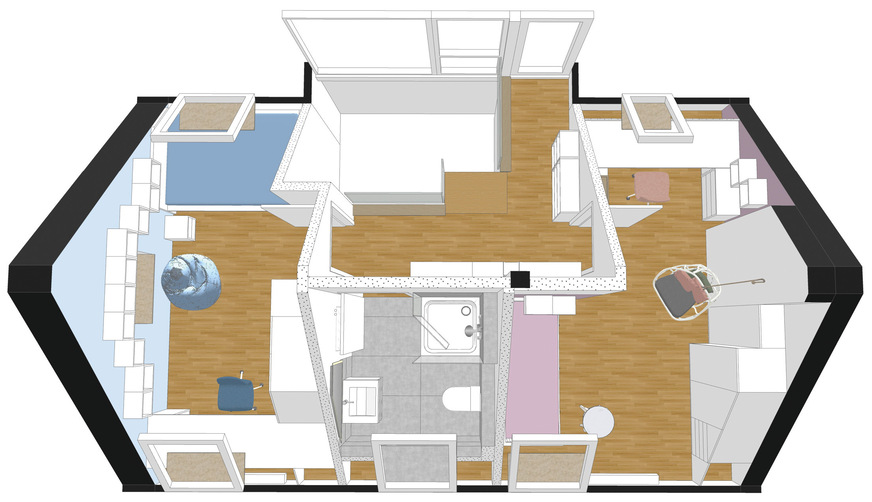 Die Herausforderung lag darin, zwei etwa gleichwertige Zimmer zu schaffen, zugleich den Zugang zur Terrasse für alle zu erhalten und den Wunsch nach einem Tageslichtbad zu erfüllen.
