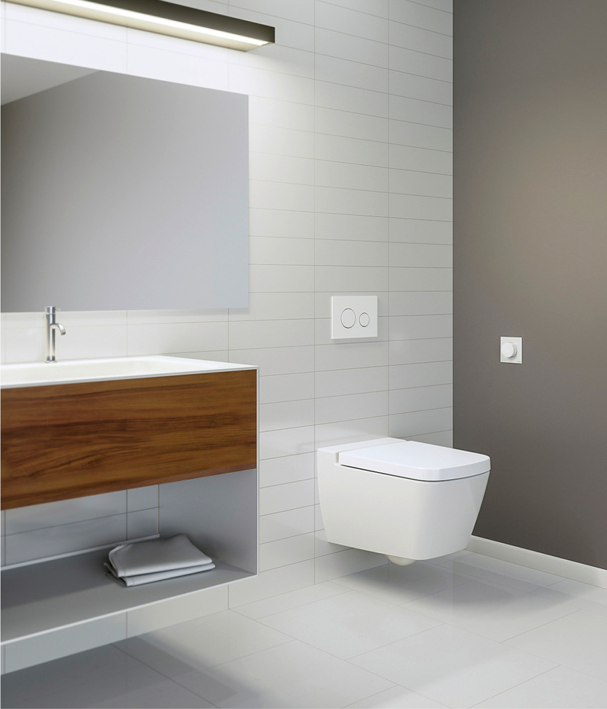 Teceflushpoint ist eine Fernauslösung in Zwei-Mengen-Technik. Sie ist wahlweise mit runder oder eckiger Blende in den Farben Weiß, Chrom glänzend und Chrom matt erhältlich. Als Auslösung für die Ein-Mengen-Technik gibt es sie in Weiß und mit eckiger Blende (im Bild).