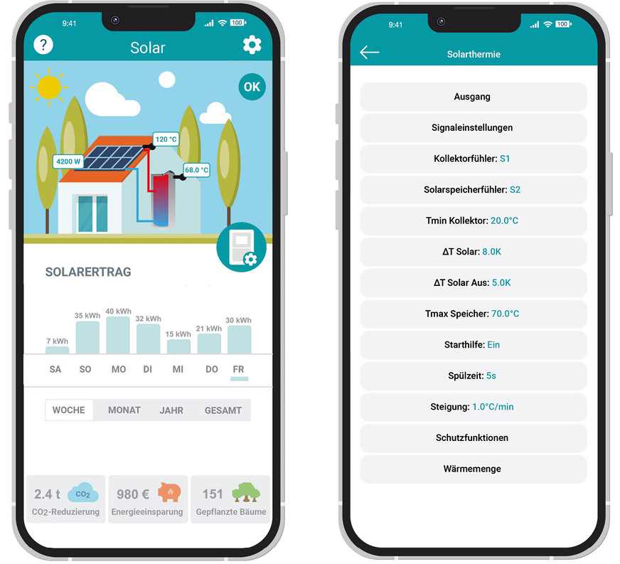 Solarthermie-App „Sorel Connect“ in Endkunden- (links) und Profiansicht zur Fernparametrierung (rechts).