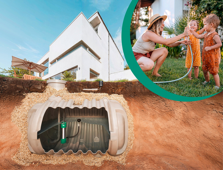 Mit einer mehrstufigen ­Unterwassermotorpumpe (im&nbsp;Bild: Wilo-Extract First) kann in Ein- und Zweifamilien­häusern Regenwasser ­zuverlässig aus Zisternen oder Tanks ent­nommen werden.