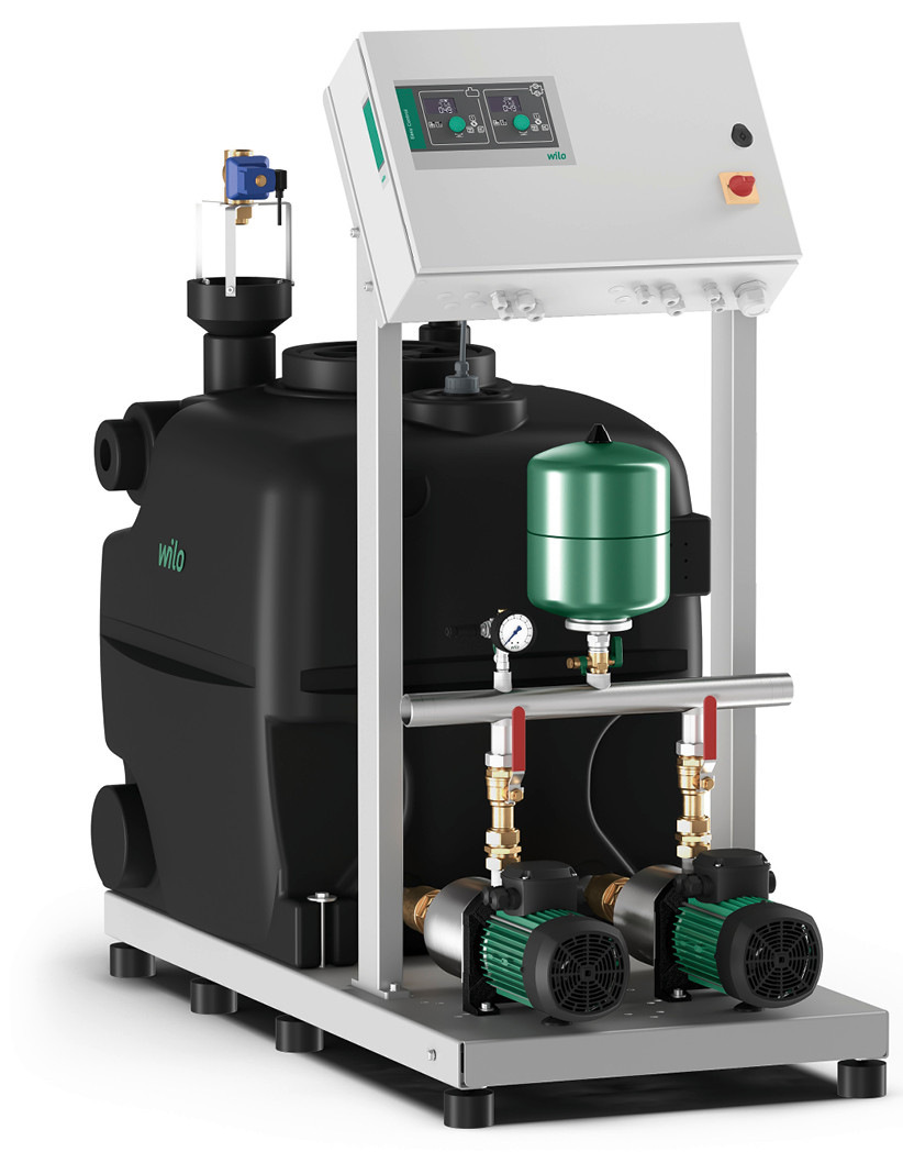 Für den professionellen Einsatz: das anschlussfertige, vollautomatische Wilo-RainSystem AF 400 mit zwei parallel arbeitenden, frequenzgeregelten Hochdruckkreiselpumpen für maximale Versorgungssicherheit.