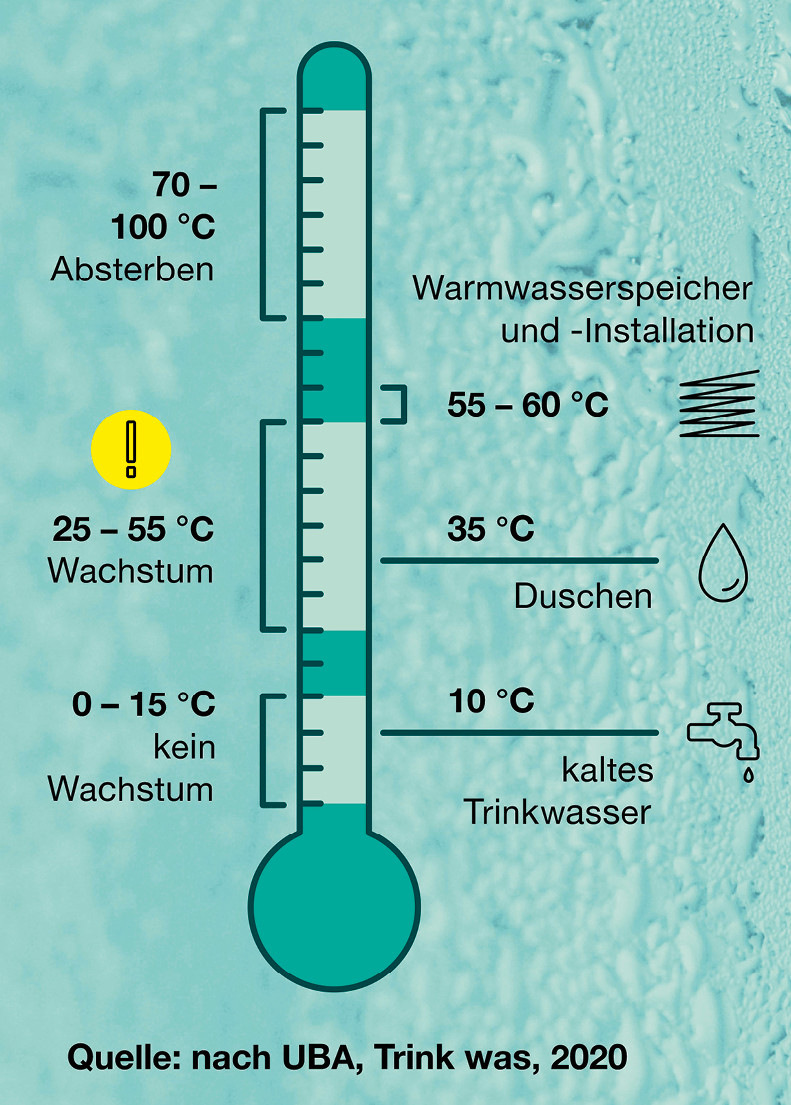 Für Kalt- und Warmwasserinstallationen gibt es klar umrissene Temperaturbereiche, in denen sich Bakterien – wie Legionellen – besonders stark vermehren können.