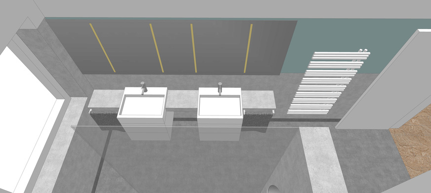 … in dieser Variante Doppelwaschtisch und Dusche jeweils gegenüberliegend an den Längsseiten des Raumes platziert sind.