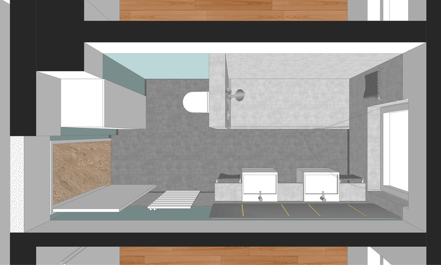 Variante Nummer 1: Die 90 cm breite Dusche hat mit 215 cm eine stattliche Länge. Bei diesen Maßen ist eine Duschtür nicht erforderlich, es reicht ein Festglaselement als Duschabtrennung.