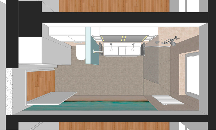 Variante Nummer 2: Die Dusche erstreckt sich vor dem Fenster über die ganze ­Breite des Raumes. Sie ist mit 90 x 185 cm nur ­wenig kürzer als in Variante 1.