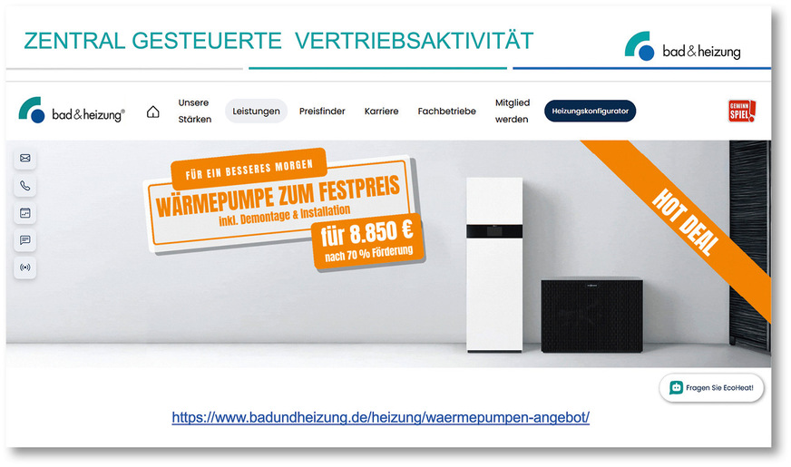 Progressive Kundenansprache im Web: Wer nach interessanten Angeboten für eine Wärmepumpe Ausschau hält, trifft auch auf scharf kalkulierte Preise von b & h-Fachbetrieben.