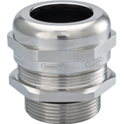 EMV-Kabelverschraubung aus Metall in Größe M32 mit langem Anschlussgewinde.