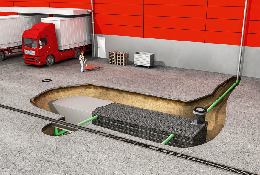 A Dezentrale Versickerungsanlage mit Rigolen aus Kunststofffertigteilen.