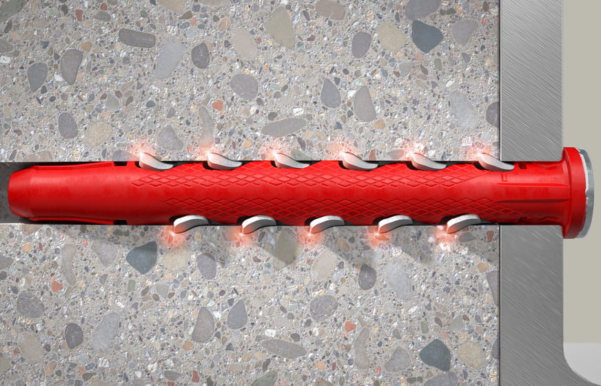 Die metallischen Widerhaken des Dübels HybridPower verkeilen fest im Baustoff. Zusätzlich hält der fischer-Newcomer durch seine leistungsstarke Metallkomponente schwere Lasten und bietet eine hohe Tragfähigkeit – sogar im Brandfall.