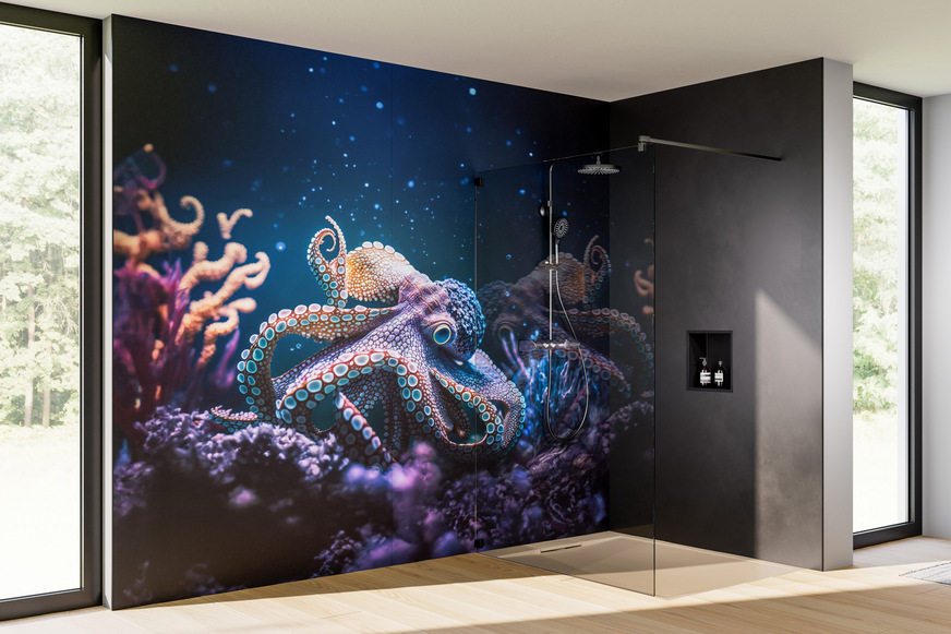 Eindrucksvolles Farbenspiel: Großflächige RenoDeco Motive wie der „Oktopus“ strahlen dank Sechsfarbdruck mit besonders ausdrucksstarken Farben.
