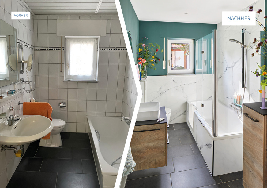 Ein komplett neuer Look in wenigen Tagen – mit RenoDeco gestaltet sich die Teilsanierung im Badezimmer besonders zügig und einfach.