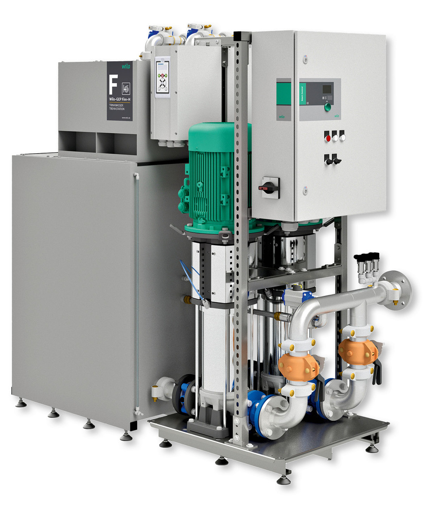 D Die kompakte, zertifizierte Trennstation Wilo-Gep Fire-H mit integriertem Spülventil ­gewährleistet eine ­hygienisch sichere Trennung von Trink- und Löschwassernetz und erfüllt ­alle Anforderungen der DIN 1988-600 in einem platzsparenden, wartungsfreund­lichen System.