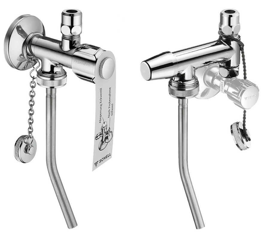 Die systemische Untersuchung auf Legionellen sollte möglichst über ­Probennahmeventile erfolgen. Links: Probennahmeeckventil mit vandalen­geschützter Betätigung. Zusätzlich kann das Rohr zur Probennahme entfernt und dessen Abgang verschlossen werden. Rechts: Probennahmeventil Probfix mit Anschluss für Armaturenschläuche zum Nachrüsten zwischen Eckventil und Armatur. Zum Einbau ist lediglich das vorhandene Eckventil abzusperren.