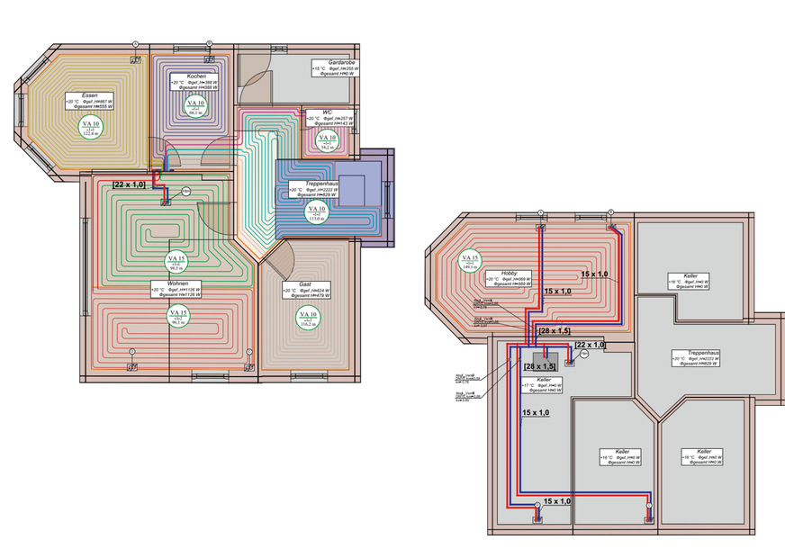 Grundrisse mit zeichnerischem ­Vorentwurf ­eines Verlegeplanes für die Fußbodenheizung/-kühlung im EG und KG.&nbsp;