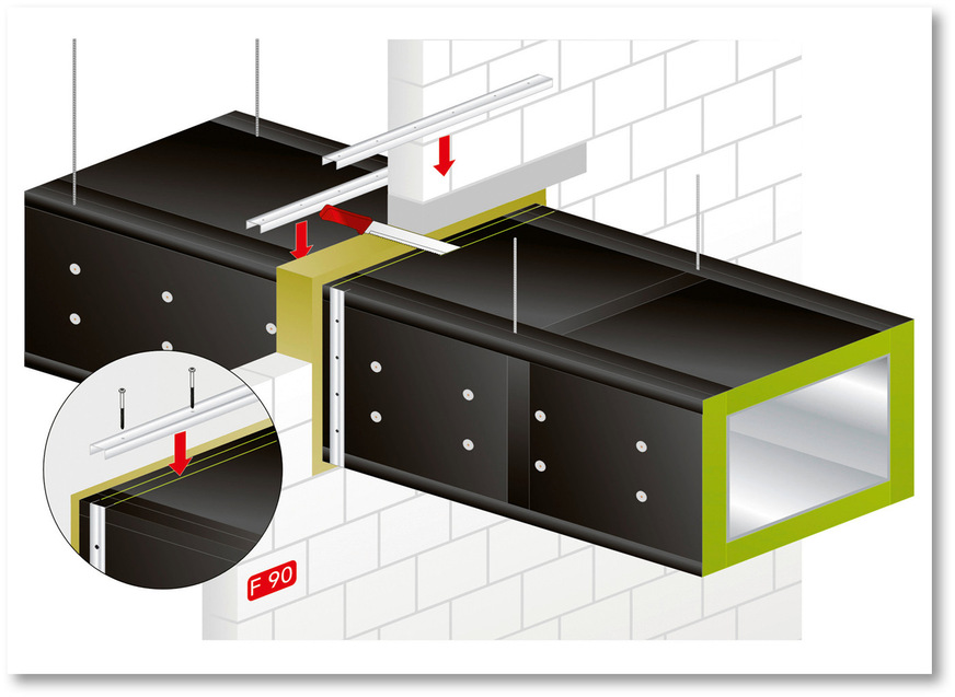 Beispiel einer Wanddurchführung mit der Möglichkeit zur nachträglichen ­Kanal­aussteifung beim System „Conlit Duct Board 90“.