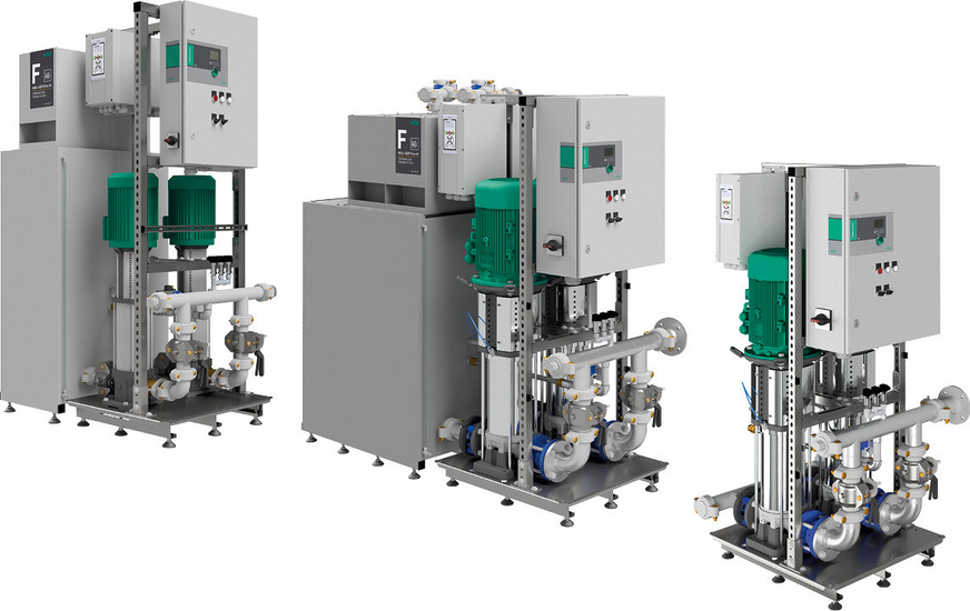 G Ausführungsbeispiele für Druckerhöhungs­anlagen der Baureihe Wilo‑Gep Fire‑H. Rechts: DEA für 300&nbsp;l/min, inklusive Vorbehälter. Mitte: DEA für 600&nbsp;l/min, inklusive Vor­behälter. Links: DEA für 600&nbsp;l/min für bauseitigen Vorbehälter.