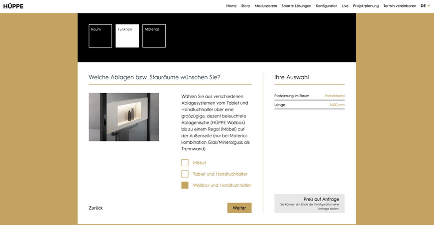 Mit dem modularen System Hüppe Sphere lassen sich über 5000 verschiedene Duschplatzlösungen realisieren. Mithilfe eines intuitiv bedienbaren Online-Konfigurators gelingt die Planung in wenigen Minuten.