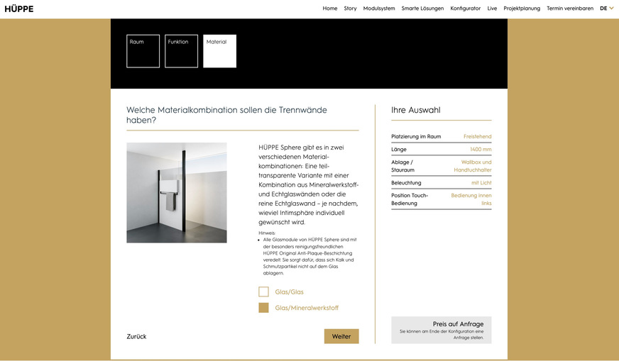 Mit dem modularen System Hüppe Sphere lassen sich über 5000 verschiedene Duschplatzlösungen realisieren. Mithilfe eines intuitiv bedienbaren Online-Konfigurators gelingt die Planung in wenigen Minuten.