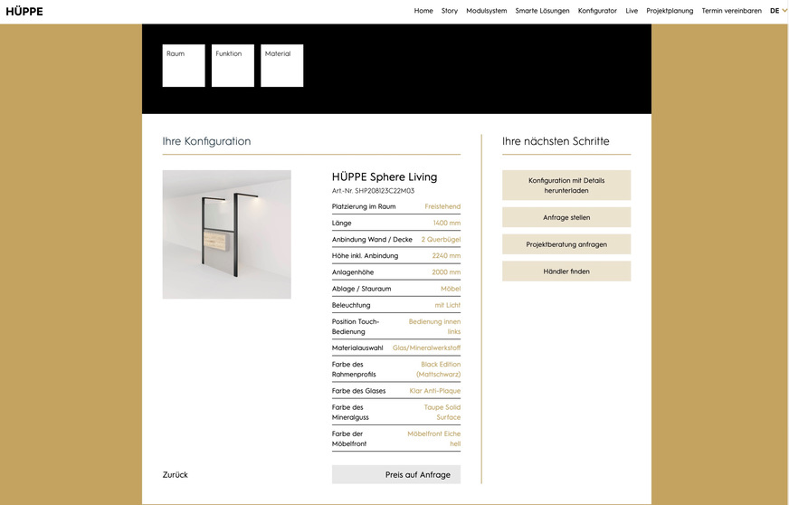 Mit dem modularen System Hüppe Sphere lassen sich über 5000 verschiedene Duschplatzlösungen realisieren. Mithilfe eines intuitiv bedienbaren Online-Konfigurators gelingt die Planung in wenigen Minuten.