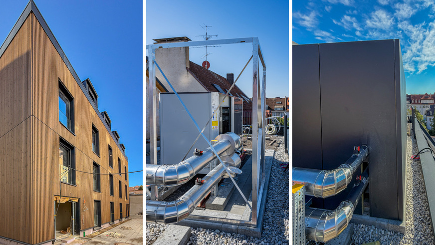 Auf dem Dach dieses Münchener Hotels steht ein Kaltwassererzeuger. Eine eSilent Einhausung von Atec, Wahlfarbe RAL7016, dämpft nun sein Betriebsgeräusch gemäß TA Lärm.