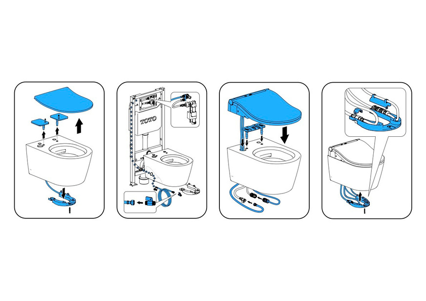 Die technische Zeichnung veranschaulicht die einzelnen Schritte des Upgrade vom WC zum Washlet. 